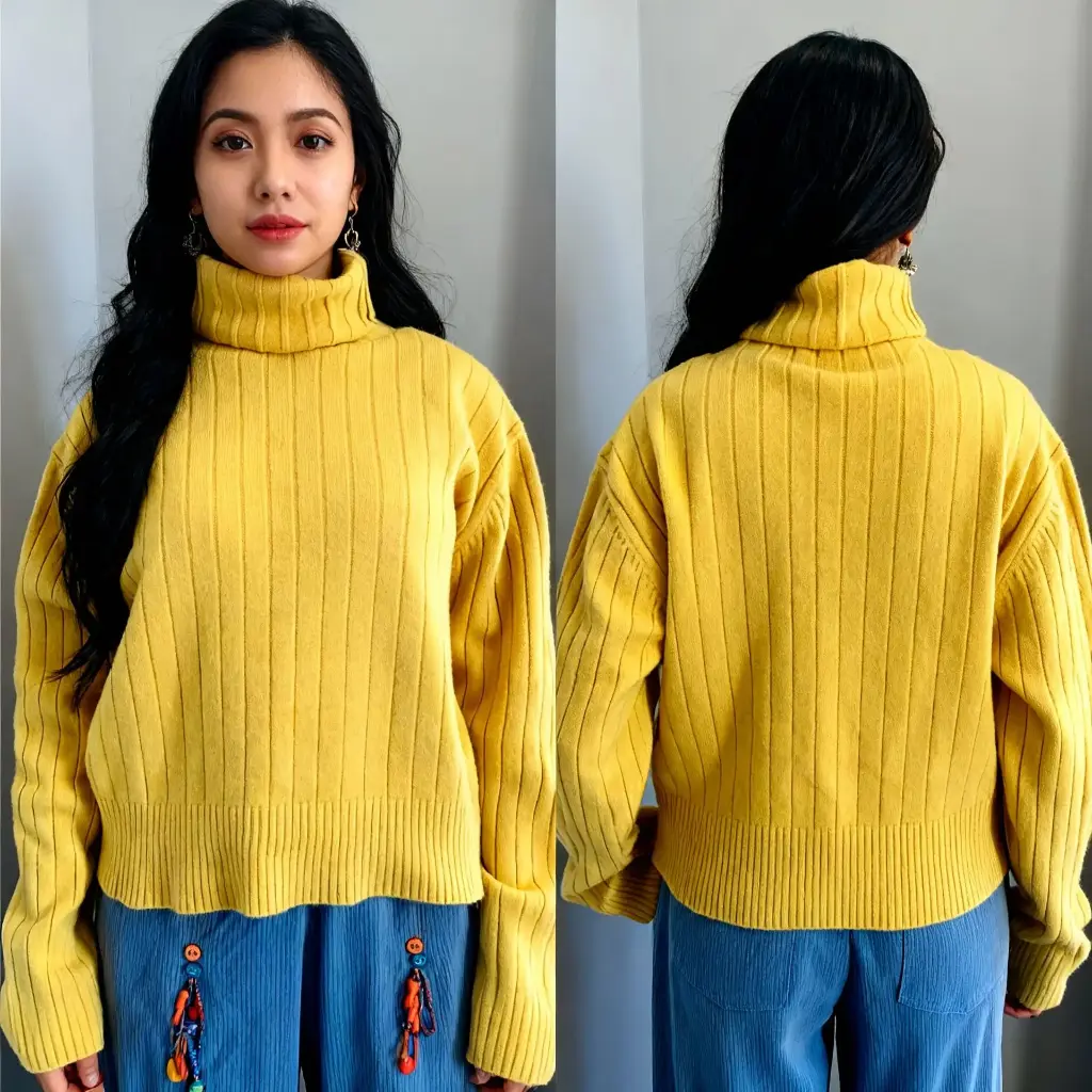 Trendy Women Ribbed Knit Yellow Turtle Neck Sweater