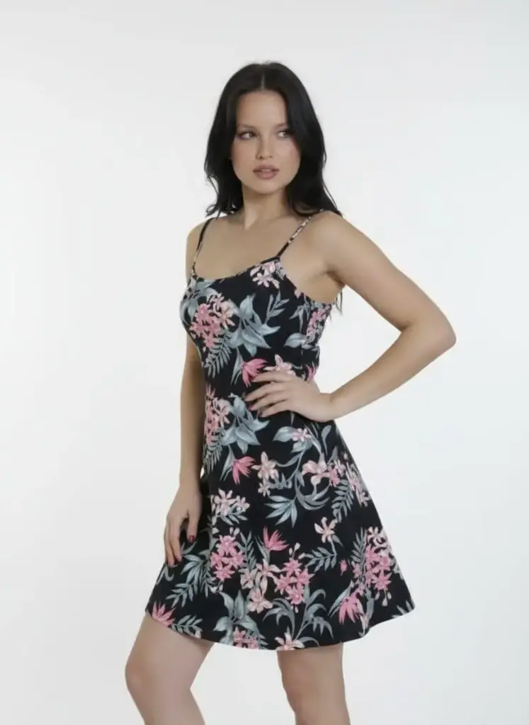 Women's Black Floral A-Line Mini Summer Dress with Spaghetti Straps"