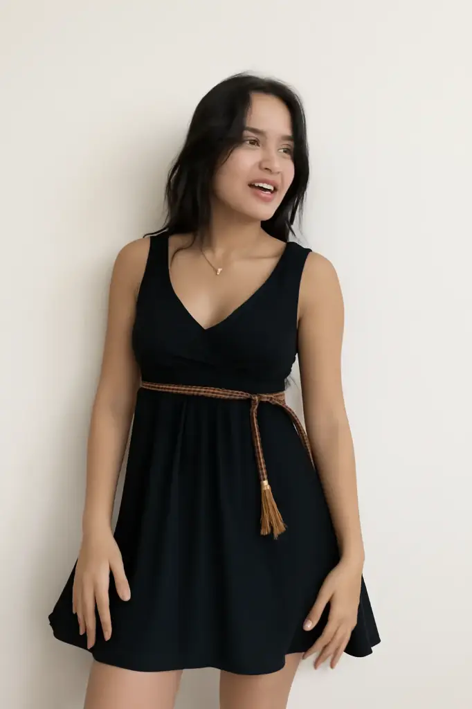 Timeless Grace Sleeveless Black Dress with Rope Belt