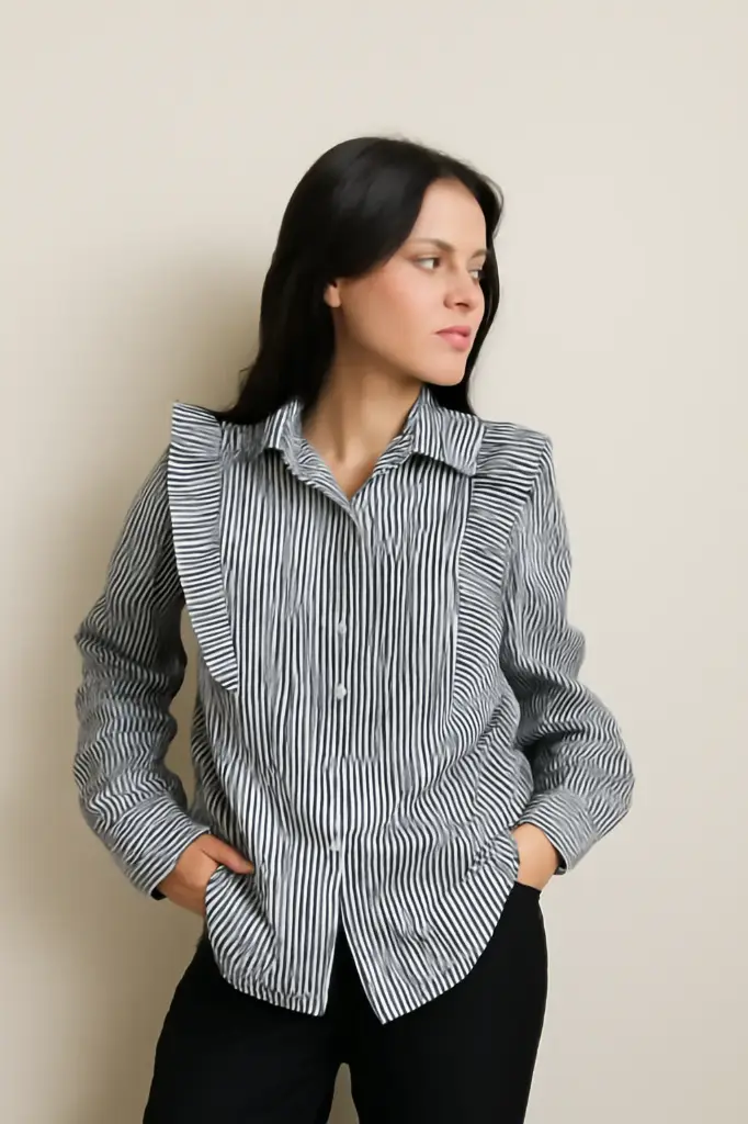 Elegant Women's Ruffle Detailed Vertical Striped Shirt with Full Sleeves – Classic Button-Down Design for Office and Casual Wear