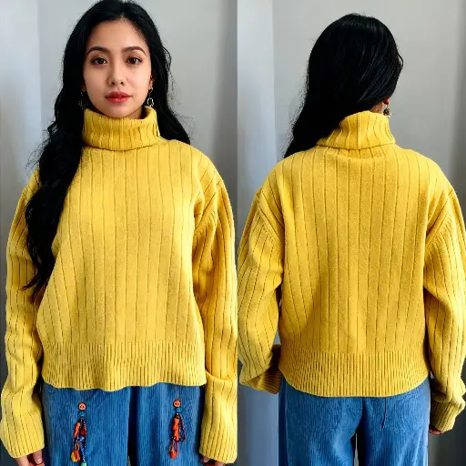 Trendy Women Ribbed Knit Yellow Turtle Neck Sweater